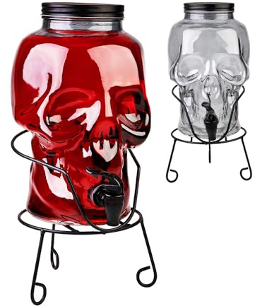 Getränkespender mit tropfsicheren Zapfhahn - Wasserspender aus Glas mit Deckel und Ständer- Dunkler Schädel Limonadenspender 5L