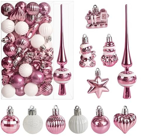 34 pezzi baubles di Natale con albero topper set, Ø3/4.5/5.5cm Piccolo albero di Natale baubles plastica oro rosa baubles mini decorazione da tavolo di Natale decorazione albero di Natale ornamenti