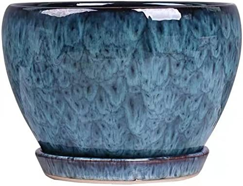 TIECHUINIUB Blauer Blumentopf für den Innenbereich, Sukkulenten, extra groß, Wohnzimmer, grüne Pflanzwanne mit Ablaufloch, Bonsaischalen, glasierter Blumenbehälter mit S