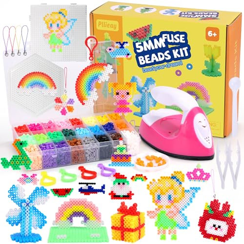 Pllieay Bügelperlen Set 5mm - 24 Farben Bügelperlen-Set mit Mini-Bügeleisen, Steckplatten, Pinzetten, Bügelpapier, Musteranleitung - DIY Bastelset Kinder Geschenk für Jungen und Mädchen