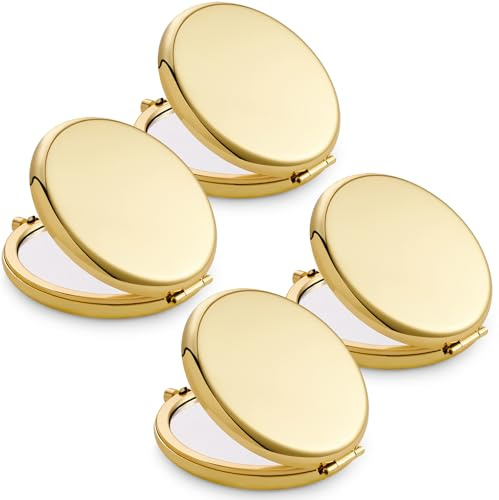 MLLXX Compact Mirror for Purse, Metal Round Shell, Double-Sided 1X/2X Magnifying, Portable Travel Makeup Mirror, Mini Pocket Mirror, Gold,4 Packs