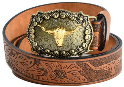 Amexo Cinturón de Cuero, Cinturon Vaquero Occidental Vaquera Grabado Floral Toro de Cuerno Largo para Hombres Cinturón Occidental con Hebilla Marrón para Hombres Mujeres
