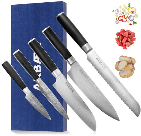 Arbaer Set de 5 couteaux - Couteau de chef Santoku, couteau universel, couteau à pain, couteau à éplucher - impression japonaise damassée sur la lame - manche en bois pakka - coffret cadeau