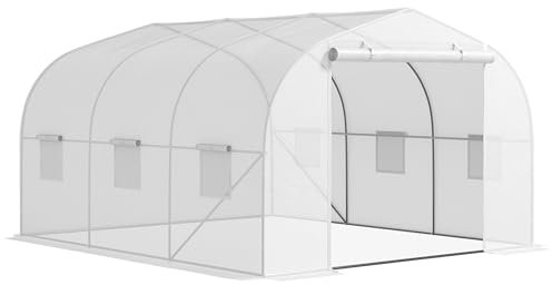 Outsunny Serra a Tunnel per Giardino con 6 Finestrelle e Porta a Rullo, Serra per Orto in Acciaio e Polietilene, 3.5x3x2 m, Bianco