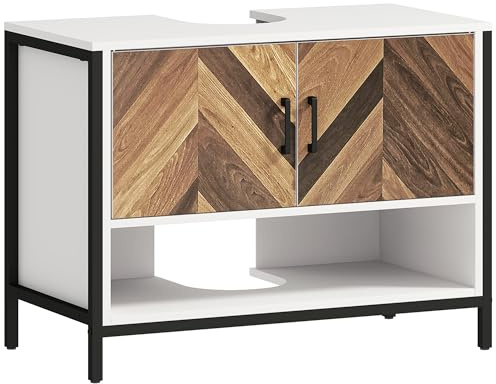 HOMCOM Under Sink Bathroom Cabinet, Rustic Under Sink Cabinet with Herringbone Doors and Open Compartment for Basin with or without Pedestal, 80 x 40 x 60cm, Cream White and Walnut