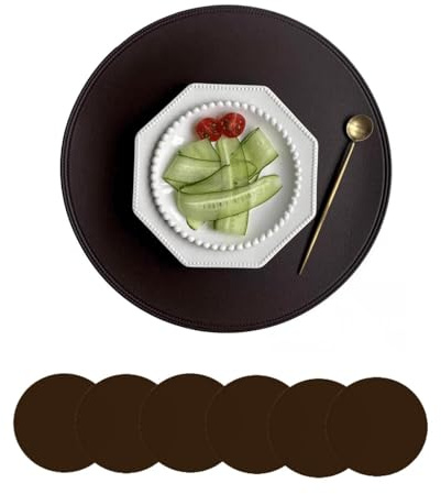 Set di tovagliette rotonde in ecopelle, tovagliette rotonde in stile vintage per tavolo da pranzo, spesse, lavabili e impermeabili, resistenti al calore, per cucina, tavolo da pranzo (coffee, 6pcs)