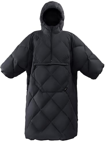 ATEPA Wearable Sleeping Bag, Recycled Camping Wearable Down Blanket Poncho, Ultralight Warm Water Repellent Cold Weather Winter Poncho Coat Suit for Outdoor Sports Stadium Men Women, Black