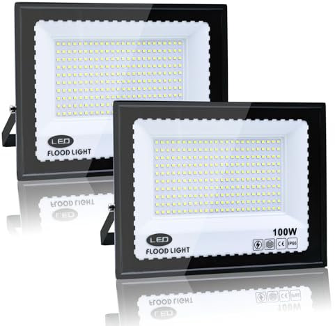 Tkdaksy 2 Pièces Projecteur Led Extérieur 100W, Blanc Froid 6500K Projecteur LED, 10000LM Spot LED Extérieur IP66 Étanche, pour Jardins, Cours, Garages, Toits, Terrasses, Parkings, Places et Quais