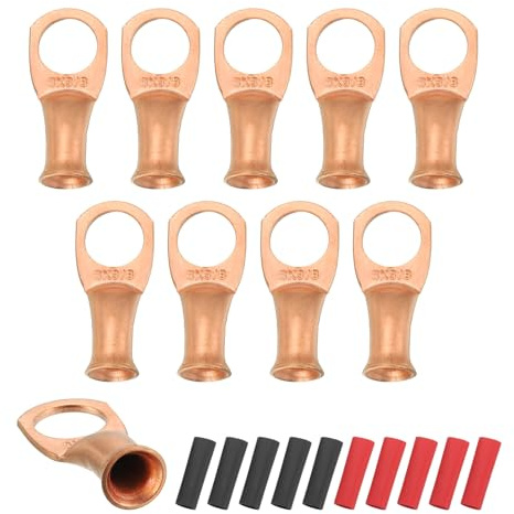 sourcing map 10pcs 8 AWG M10 Battery Lugs Ring Terminals, 3/8 10mm Gold | Stud Crimp Wire,Terminal Connector End Copper, 3:1 Heat Shrink Tubing