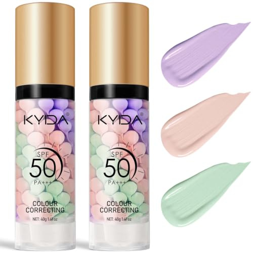 KYDA 2PCS 3 in 1 Color Correcting Primer,SPF Makeup 50 PA+++,Color Correcting Serum, Moisturizing Makeup Sunscreen Primer Face, One Step Makeup Primer, Oil Control Skin Corrector,Purple Pink Green