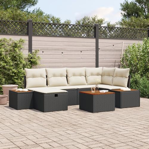 vidaXL Trädgårdsoffset med kudde 7 pcs Svart konstrotting, Modern, slitstark, mångsidig loungegrupp, rattan-soffa, UV-resistent, utemöbler med akaciaträ, bekväm trädgårdsmiljö
