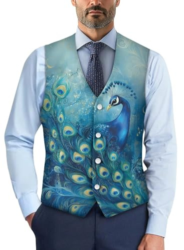 Biyejit Gilet camouflage pour homme, gilet de costume formel avec boutons, gilet fin à col en V, gilet pour le travail, smoking, fête S à 4XL, Paon 3, XXL