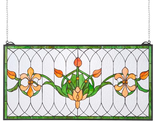VEVOR Fönsterpanel i målat glas, 81 x 43 cm, hängande akterspegelfönsterpanel i Tiffany-stil med kedja, stort horisontellt rektangulärt fläckglas, vintage traditionella konsthantverk för kök
