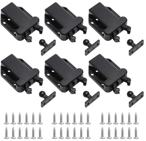 VOSSOT 6 Stück Druckschnäpper Schnäpper, Push to Open Türöffner mit Schrauben Federschnäpper Automatischer mit Touch-Entriegelung Push Lock für Schubladen, Schränke, Türen mit Schraubendreher(Schwarz)