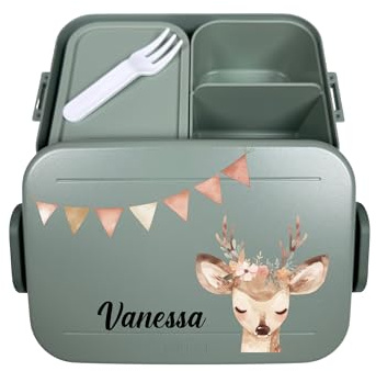 Mepal Fiambrera Bento Take a Break personalizada, boho ciervo, fiambrera con compartimentos, fiambrera con nombre, caja bento Box Set colorido estampado infantil Midi Mint