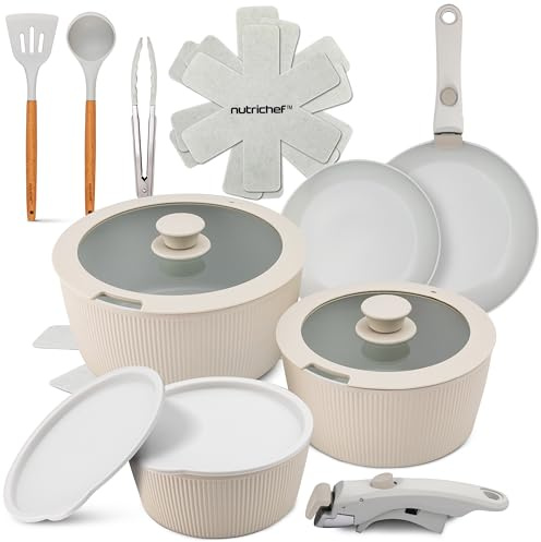NutriChef Ceramic Pots and Pans Set with Detachable Handles – 18-Piece Stackable Non-Stick Cookware, Oven Safe, PTFE-Free, Space-Saving Cookware for Modern Kitchens, Cream