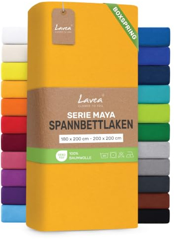 Lavea® Spannbettlaken 180-200x200 cm - für Boxspringbett – Goldgelb | Jersey Spannbetttuch mit 40 cm Steghöhe, 100% Baumwolle, weich, atmungsaktiv, pflegeleicht, formstabil – Perfekte Passform