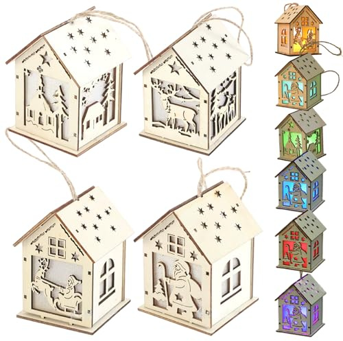 Casette in Legno per Artigianato 4 Pezzi Luce Notturna di Natale a LED a 7 Colori con Slitta di Renne e Albero di Babbo Natale Vivido Intagliato Appeso Ornamenti Natalizi con Batteria per Negozio di