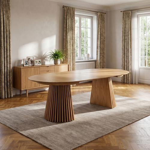 ebuy24 Esstisch oval ausziehbar - Tokyo 2 Einlegeplatten 120/160/200 cm Eiche Furnier Natur – Ausziehtisch Rund zu Oval Esszimmertisch