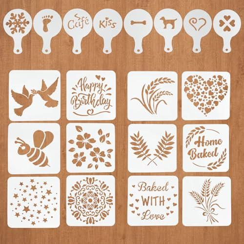 Nextpal Stencils for Cake Decorating and Sourdough Bread, Coffee Stencils and Reusable Baking Stencil Set with Wheat and Heart Designs, Suitable for Bread Bakers and Coffee Lovers (Type One 20 Pcs)