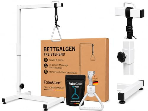 FabaCare Bettgalgen mit Trapezgriff bis 100 kg, Mobile Aufrichthilfe & Aufstehhilfe fürs Bett, inkl. Automatikgriff, Aufrollautomatik, höhenverstellbarer Griff, Stabiler Bettaufrichter/Bettgriff