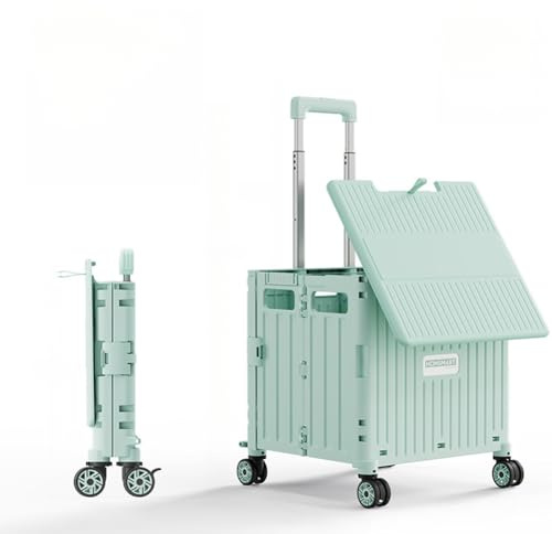 Chariot de courses pliable portable 65 L avec couvercle et roues, idéal pour le jardin et le camping, design vert à quatre roues pour un transport facile