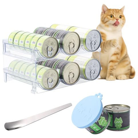 SLSON Organizador de latas de comida para gatos con tapa de lata y cuchara de acero inoxidable, apilable de 2 niveles, perfecto para almacenar latas de comida para gatos, organizador de latas en la