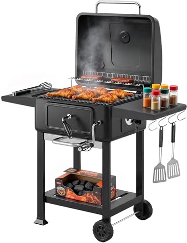 Outsunny kolgrill BBQ smoker med lock termometer höjdjusterbar kolpanna eldstad grillgaller sidobord askfack ventilation, grillvagn med hjul kolgrillvagn för camping trädgård