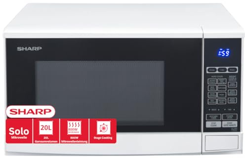 Sharp R-270W Solo-Mikrowelle, 20 L, 800 W, 10 Leistungsstufen, 8 AutoCook-Programme, Timer bis 99 Min., Glasdrehteller (25,5 cm), Weiß