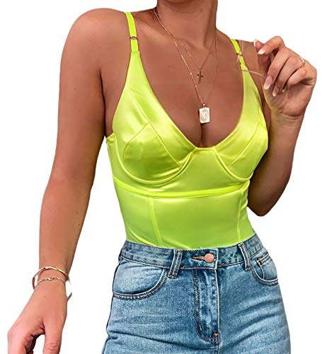 Velius Women's Sexy Deep V Neck Shiny Thong Bodysuit Tank Tops with Underwire
