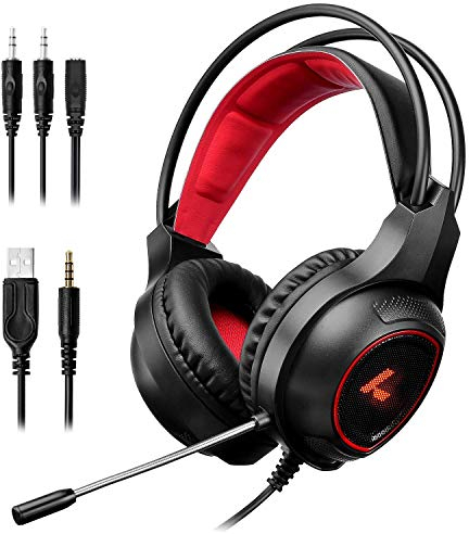 LYCANDER Gaming-Headset mit Mikrofon und LED-Licht, 3,5 mm Eingang, für PC, PS4, Xbox One, Nintendo Switch und mehr (Essential - Schwarz und Rot)