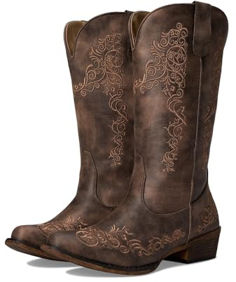 ROPER Womens Riley Scroll Embroidered Snip Toe Casual Boots Mid Calf Low Heel 1-2 - Brown - Size 8 M