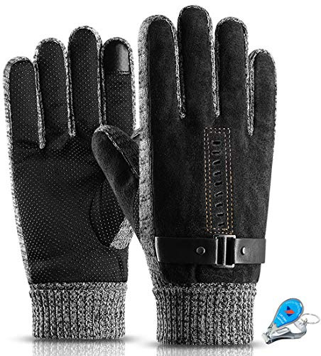 KXF Thermo-Handschuhe für Herren, Leder, Winter, wasserdicht, dick, warm, mit Fleece gefüttert, winddicht, kältebeständig, Touchscreen-Handschuh für Radfahren, Fahren, Laufen, Camping, Wandern