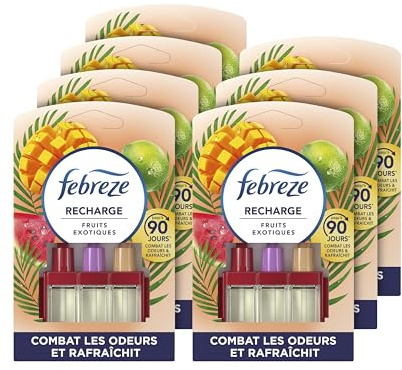 Febreze Désodorisant Électrique, 7 Recharges (20ml avec 3 Parfums en Alternance), Parfum Fruits Exotiques, Combat les Odeurs en Continu, Fraîcheur Jusqu'à 90 Jours