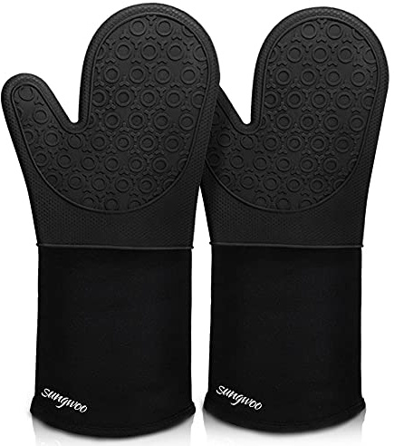 sungwoo Extra Long Silicone Oven Mitts, Heat Resistant Oven Gloves with Quilted Liner Non-Slip Textured Grip Perfect for BBQ, Baking, Cooking and Grilling - 1 Pair 14.6 Inch Black