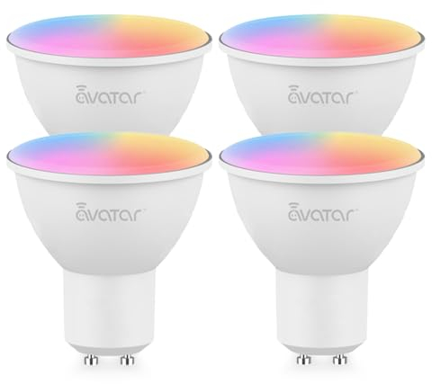Avatar Controls GU10 Smart Bulb 4 Pack, 5W Music Sync Spot Alexa LED Lights RGBCW Colour Changing Dimmable Warm Cool White, Compatible with Google Home, No Hub Required