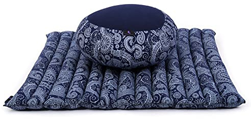 Leewadee set de meditación – Cojín de yoga Zafu y colchoneta de meditación Zabuton, asiento tailandés de kapok hecho a mano, set de 2, Azul Blanco