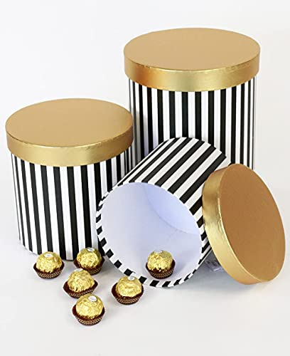 3er Set Blumenboxen, gestreifte Geschenkschachteln Rosa/Weiß, Schwarz/Weiß mit einfarbigem Deckel, runde Boxen zur Aufbewahrung, Hutschachteln für Geschenke, Aufbewahrung und Dekoration