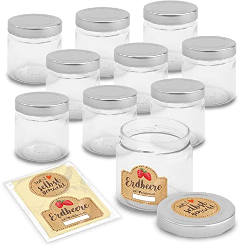 itenga 10x Marmeladengläser rund 212ml und passende Marmeladensticker Erdbeere - Einmachgläser modernes Glas Erdbeermarmelade