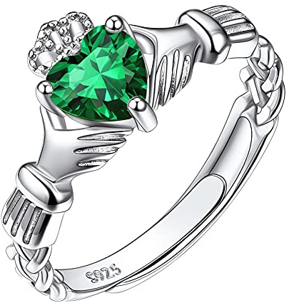 Suplight 925 Sterling Silver Irish Claddagh Heart Promise Ring, Created Green Emerald May Birthstone Delicate Thin Adjustable Engagement Wedding Ring for Her Women Girls Ladies