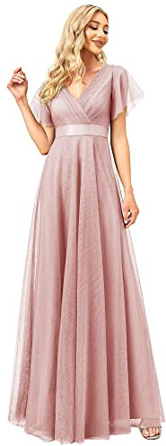 Ever-Pretty Vestito da Festa Donna Linea ad a Tulle Abito da Sera Scollo V Lungo Cerimonia Rosa 50EU
