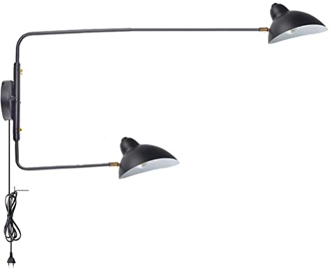 Vintage 2 Flammig Wandleuchte mit Schalter Schwarz Metall Lange Arm Wandlampe Nachttischlampe mit Stecker und Kabel E27 Innen Retro Verstellbar Wand-Leselampen für Schlafzimmer Wohnzimmer Küche