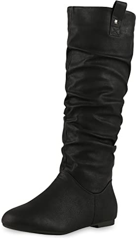 VAN HILL Damen Schlupfstiefel Warm Gefütterte Stiefel Nieten Wildleder-Optik Schuhe Flache Slouch Boots 610607 Schwarz 41