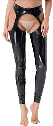 TiaoBug Damen Wetlook Hose Ouvert Strumpfhose Lack Leder Offener Schritt Pantyhose Leggings Erotik Pants Clubwear