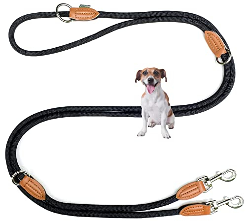 Leisegrün Hundeleine kleine Hunde leicht | Führleine 3m verstellbar mit 2 Karabiner | 3 Meter lang x 0,8 cm | Nur 200 g | Modell Devon | Schwarz
