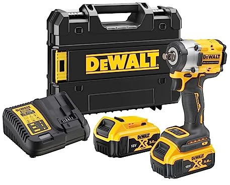 Clé Impact sans balais XR 18 V 1/2 406 Nm avec anneau de rétention avec 2 batteries Li-Ion 5 Ah et mallette TSTAK marque DeWalt, DCF921P2T-QW, Multicolore
