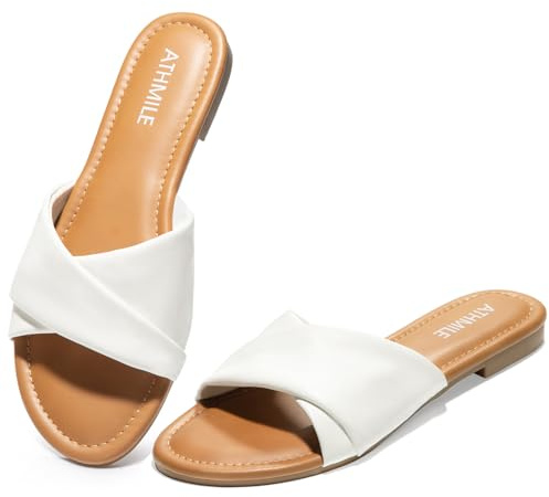 ATHMILE Sandals for Women 2026 Dressy Summer Flat Comfortable Fashion Beach Cute Ladies Slides Leather Casual Dress Women's Sandals White Size 8