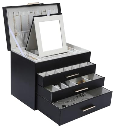 BOOVO Schmuckschatulle mit 4 Schichten für Damen, Schmuck-Organizer-Box mit Halskettenhaken, 3 Schubladen, Schmuckschatulle für Sonnenbrille, Halskette und Armband, Schwarz, 4 Ebenen