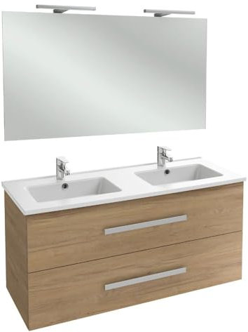 Jacob Delafon - Meuble OLA UP 120cm, Plan Vasque & Miroir 120cm + 2 Spots LED - Pack tout-en-1 - Grande Capacité - Chêne Colorado - 1210x540x465mm - EBP2328-ECD