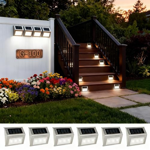 NEWNEN Stainless Steel Solar Fence Lights: 6 Pack Solar Deck Lights Waterproof Solar Powered Step Lighting 3 LED for Outdoor Railing Wall Steps Decks Backyard Paths Patio Pathway- Cool White